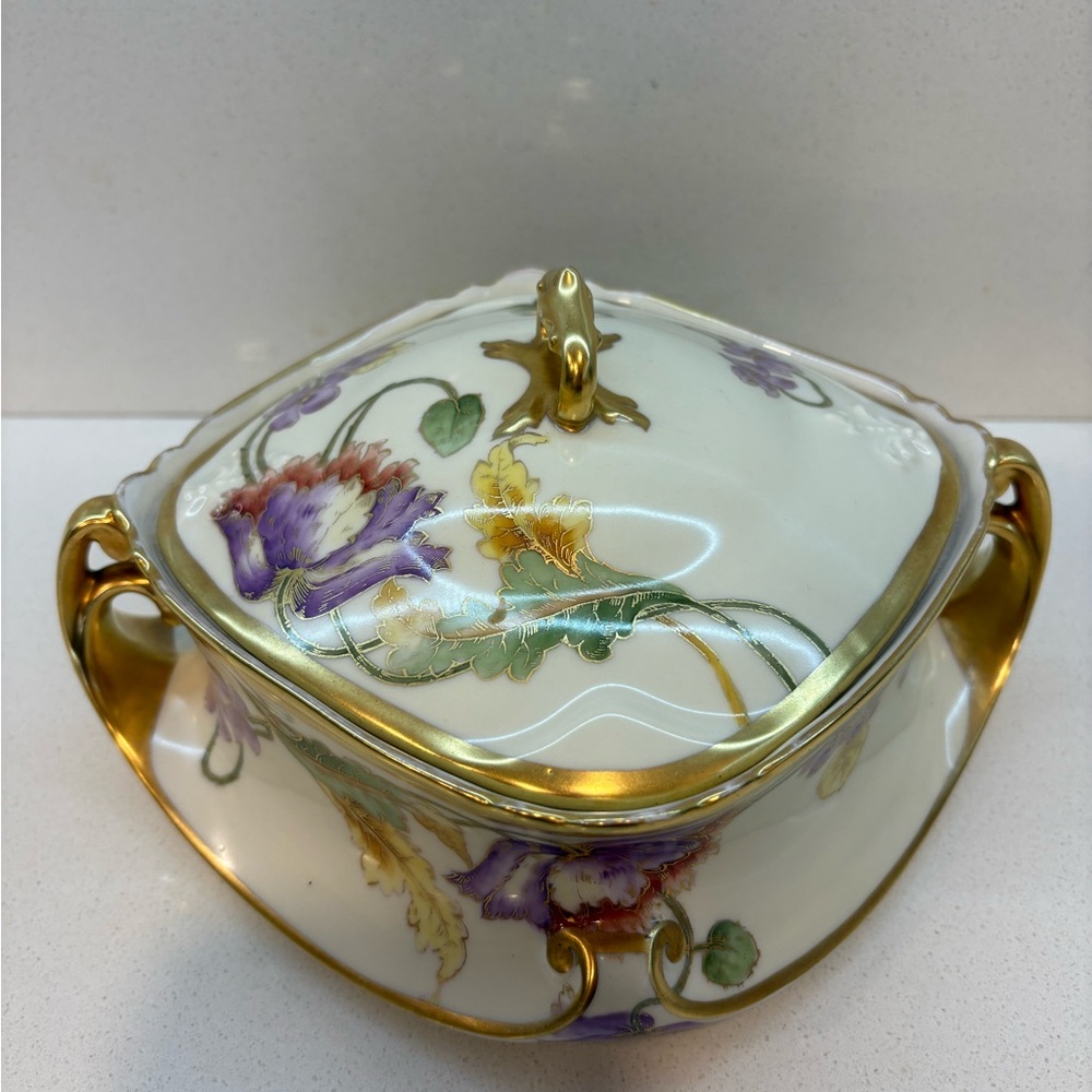 Vintage Rare Find Limoges Gold and Purple Floral Dish with Lid
